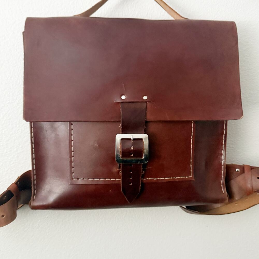 BROWN LEATHER SATCHEL BACKPACK | East West‎ Flap Large Size Top Handle |